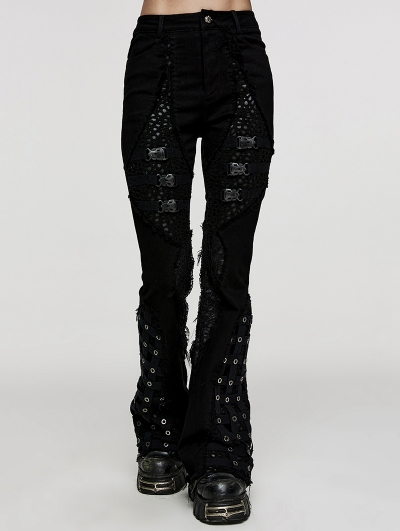 Black Gothic Punk Cage Decadent Flared Pants for Women