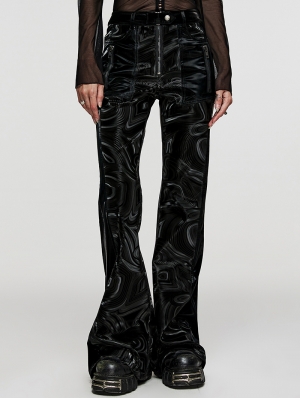 Black Gothic Fashion Printed Faux Leather Flared Pants for Women