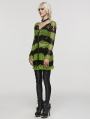 Black and Green Gothic Punk Striped Distressed Cardigan Sweater for Women