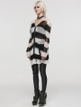 Black and White Gothic Punk Striped Distressed Cardigan Sweater for Women