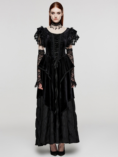 Black Gothic Velvet Pointed Dress with Detachable Lace Gloves