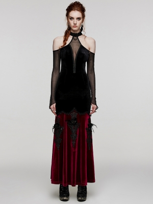 Black and Red Gothic Elegant Velvet Sexy Halter Cold Shoulder Long Party Dress
