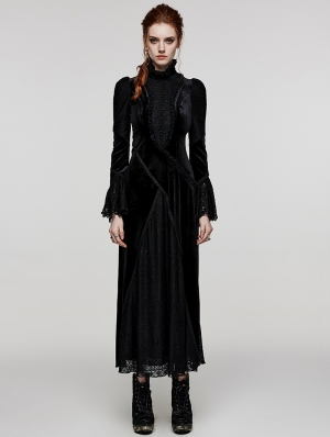 Black Vintage Gothic Ruffled Long Sleeve Velvet Dress