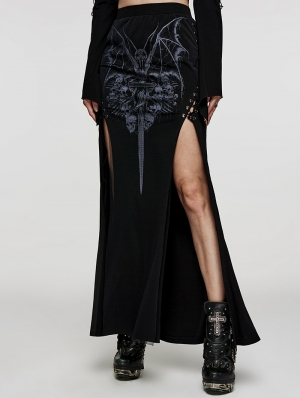 Black Gothic Punk Sexy Split Skull Printed Long Skirt