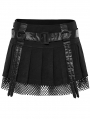 Black Gothic Mesh Spliced Faux Leather Belt Short Pleated Skirt