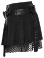 Black Gothic Mesh Spliced Faux Leather Belt Short Pleated Skirt