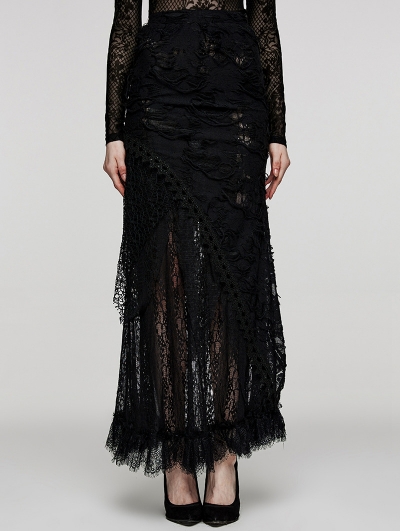 Black Gothic Decadent Ripped Knit Asymmetric Lace Long Skirt Devilnight