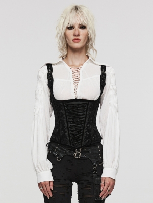 Black Rose-Patterned Gothic Underbust Corset with Straps