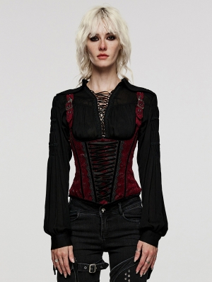 Black and Red Rose-Patterned Gothic Underbust Corset with Straps