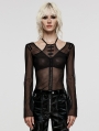 Black Sexy Gothic Fake Two Pieces Basic Mesh T-Shirt for Women