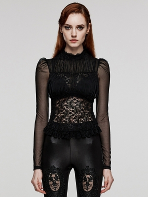 Black Gothic Sexy Lace Ruffled Mesh Sleeve Shirt for Women