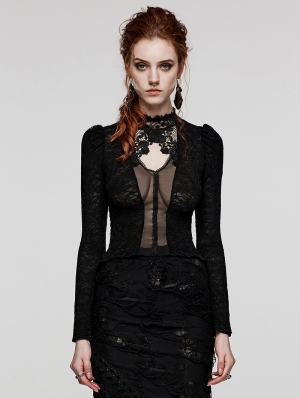 Black Sexy Gothic Mesh Spliced Lace Long Sleeve Shirt for Women