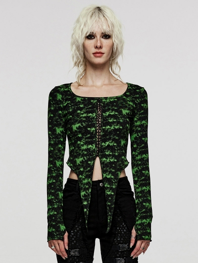 Black and Green Gothic Punk Daily Long Sleeve Irregular T-Shirt for Women