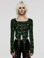 Black and Green Gothic Punk Daily Long Sleeve Irregular T-Shirt for Women