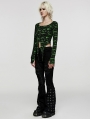 Black and Green Gothic Punk Daily Long Sleeve Irregular T-Shirt for Women