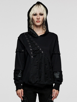 Black Gothic Daily Mesh Splice Pullover Hoodie for Women