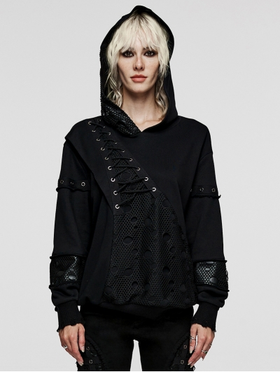 Black Gothic Daily Mesh Splice Pullover Hoodie for Women