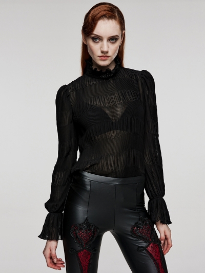 Black Gothic Textured Chiffon Ruffle Collar Shirt for Women