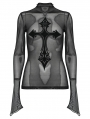 Black Sexy Gothic Big Cross Print Sexy Mesh T-Shirt for Women