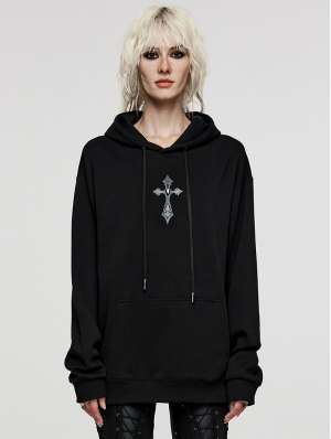 Black Simple Gothic Cross Print Pullover Hoodie for Women
