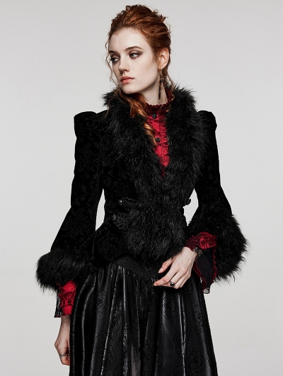 Black Vintage Gothic Fur Trim Embossed Velvet Short Jacket for Women