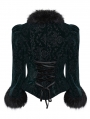 Black and Green Vintage Gothic Fur Trim Embossed Velvet Short Jacket for Women