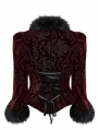 Black and Red Vintage Gothic Fur Trim Embossed Velvet Short Jacket for Women