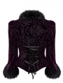 Black and Violet Vintage Gothic Fur Trim Embossed Velvet Short Jacket for Women