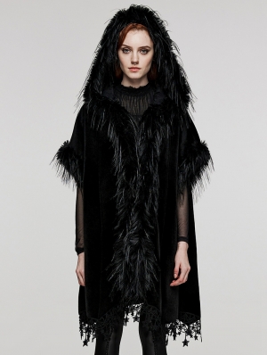 Black Gothic Loose Hooded Bat Sleeves Fur Cloak for Women