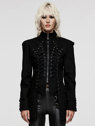 Black Gothic Punk Eyelet Slim Fit Denim Jacket for Women