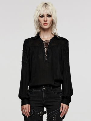 Black Vintage Gothic Textured Cotton Long Sleeve Loose Shirt for Women