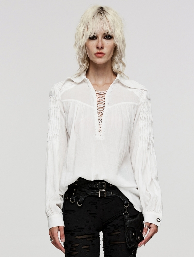 White Vintage Gothic Textured Cotton Long Sleeve Loose Shirt for Women
