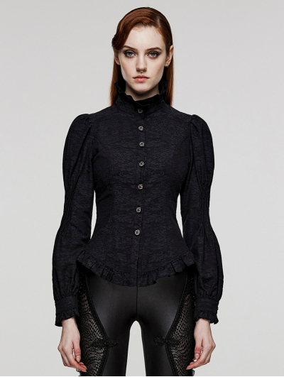 Black Gothic Ruffled Stand Collar Long Puffed Sleeves Shirt for Women