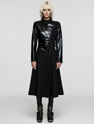 Black Gothic Irregular Leather Splicing Long Bat Coat for Women