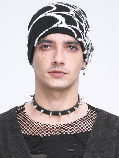 Black and White Gothic Punk Rivet Spider Web Pattern Knit Hat for Men