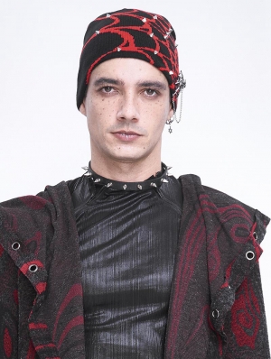 Black and Red Gothic Punk Rivet Spider Web Pattern Knit Hat for Men