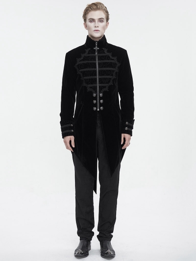 Black Vintage Gothic Embroidery Stand Collar Swallow Tail Coat for Men