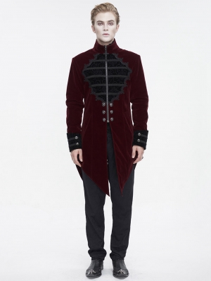 Wine Red Vintage Gothic Embroidery Stand Collar Swallow Tail Coat for Men