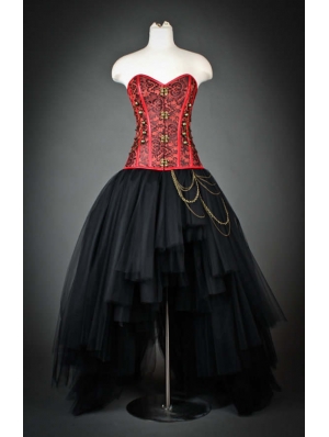 Red and Black Gothic Steampunk Corset High-Low Prom Party Dress