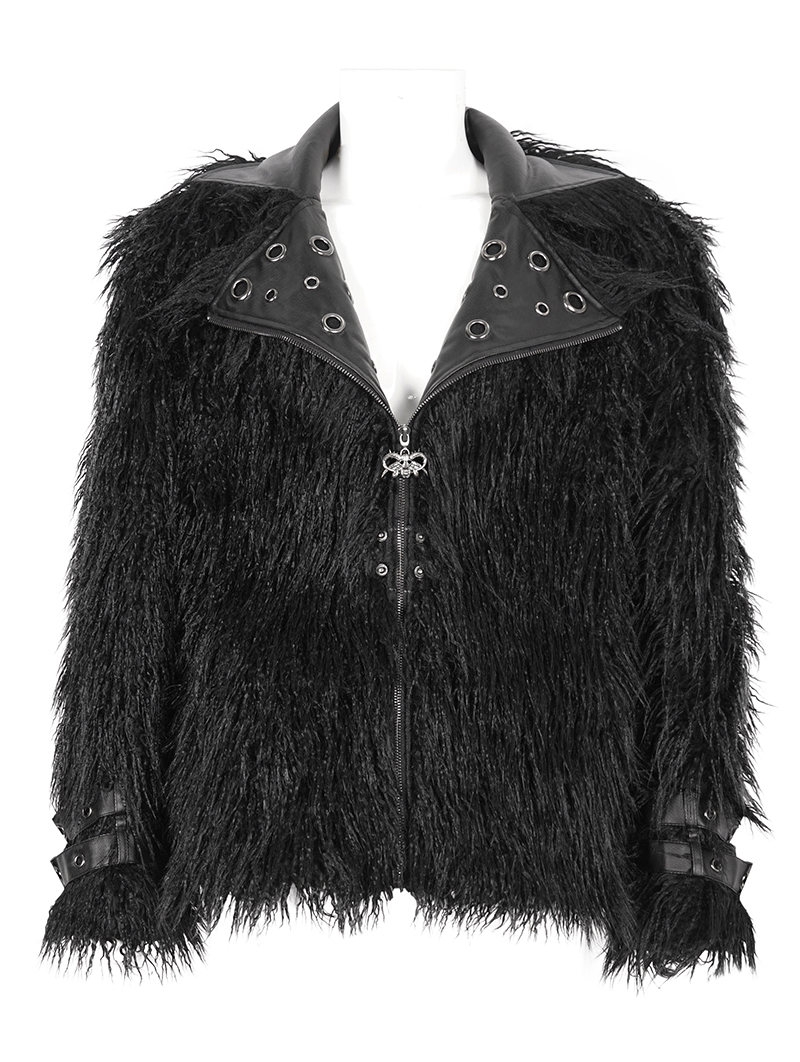 Black Fashion Gothic Punk Eyelet Lapel Faux Fur Zip-Up