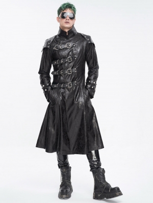 Black Gothic Punk Leather Studded Multi-Buckle Belt Long Trench Coat for Men