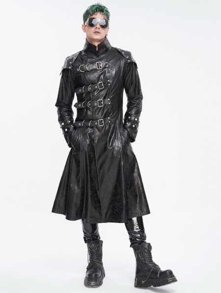 Black Gothic Punk Leather Studded Multi-Buckle Belt Long Trench