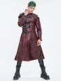 Red Gothic Punk Leather Studded Multi-Buckle Belt Long Trench Coat for Men