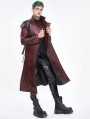 Red Gothic Punk Leather Studded Multi-Buckle Belt Long Trench Coat for Men