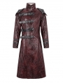 Red Gothic Punk Leather Studded Multi-Buckle Belt Long Trench Coat for Men