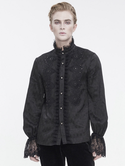 Black Gothic Retro Embroidery Lace Applique Fitted Shirt for Men