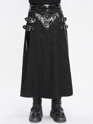 Black Gothic Punk Buckle Slit A-Line Long Skirt for Men