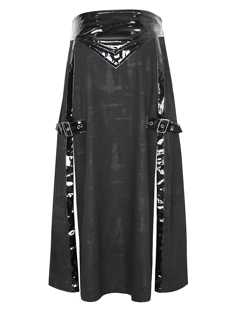 Black Gothic Punk Buckle Slit A-Line Long Skirt for Men