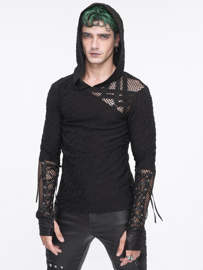 Black Gothic Punk Mesh Splicing Casual Hooded T-Shirt for Men