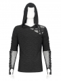 Black Gothic Punk Mesh Splicing Casual Hooded T-Shirt for Men